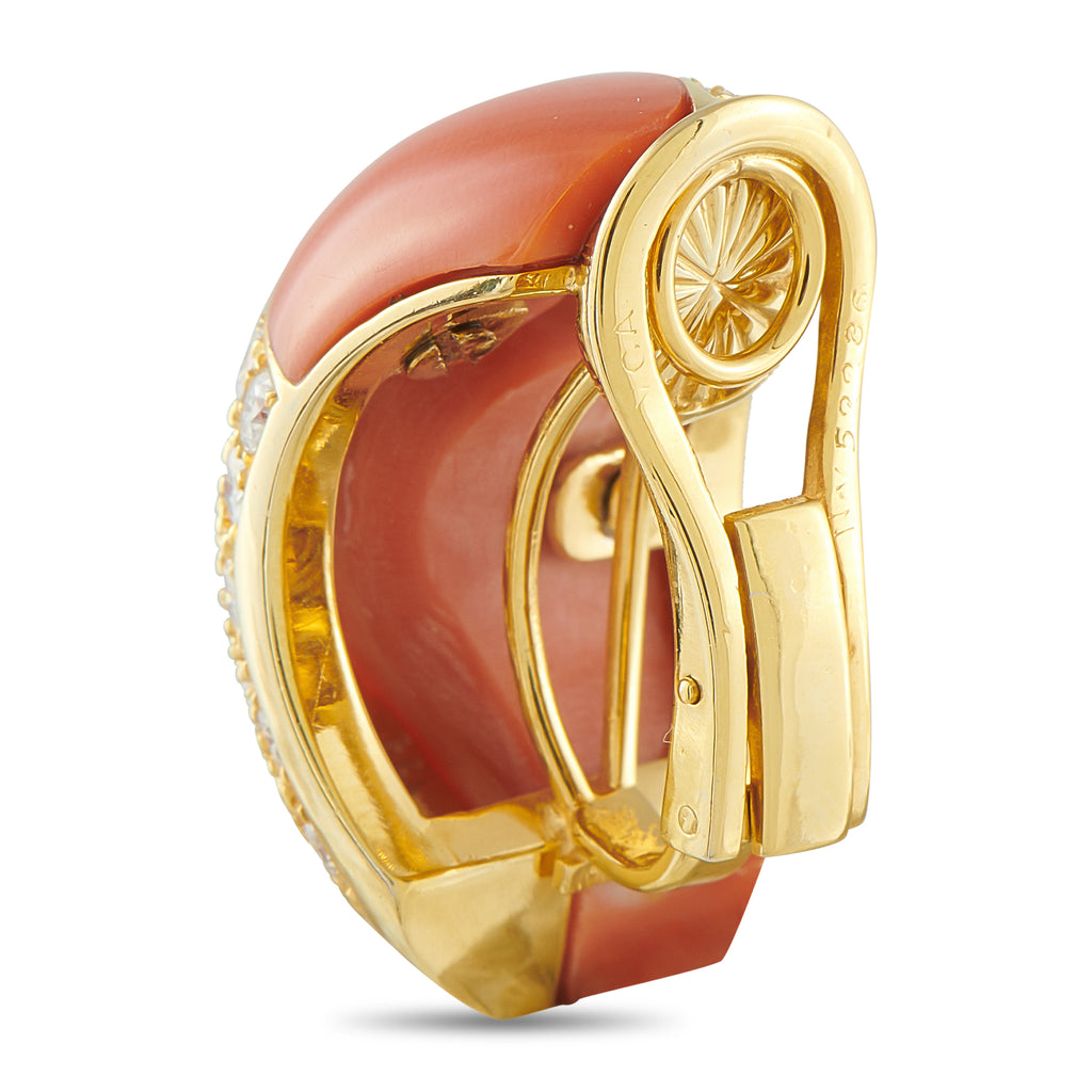 Van Cleef & Arpels 18K Yellow Gold 3.25ct Diamond and Coral Clip-On Earrings