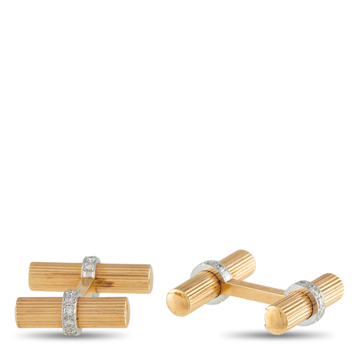 Yellow gold cufflinks with striped barrel style and diamond trim, side view