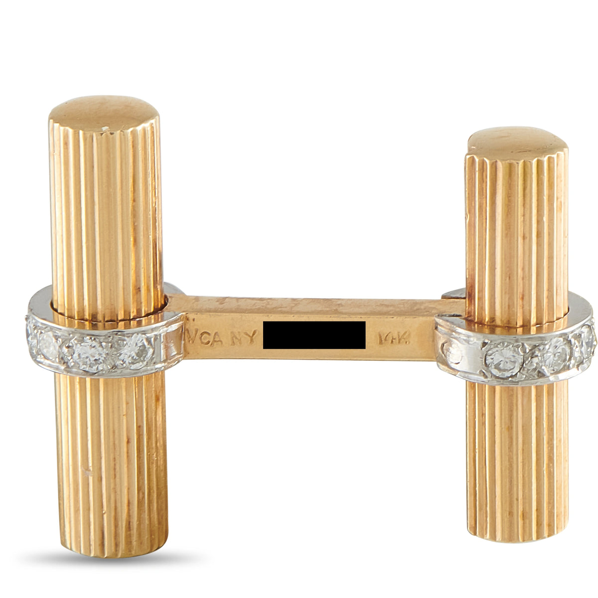 Yellow gold cufflinks with diamond bands around round posts and engraved bar