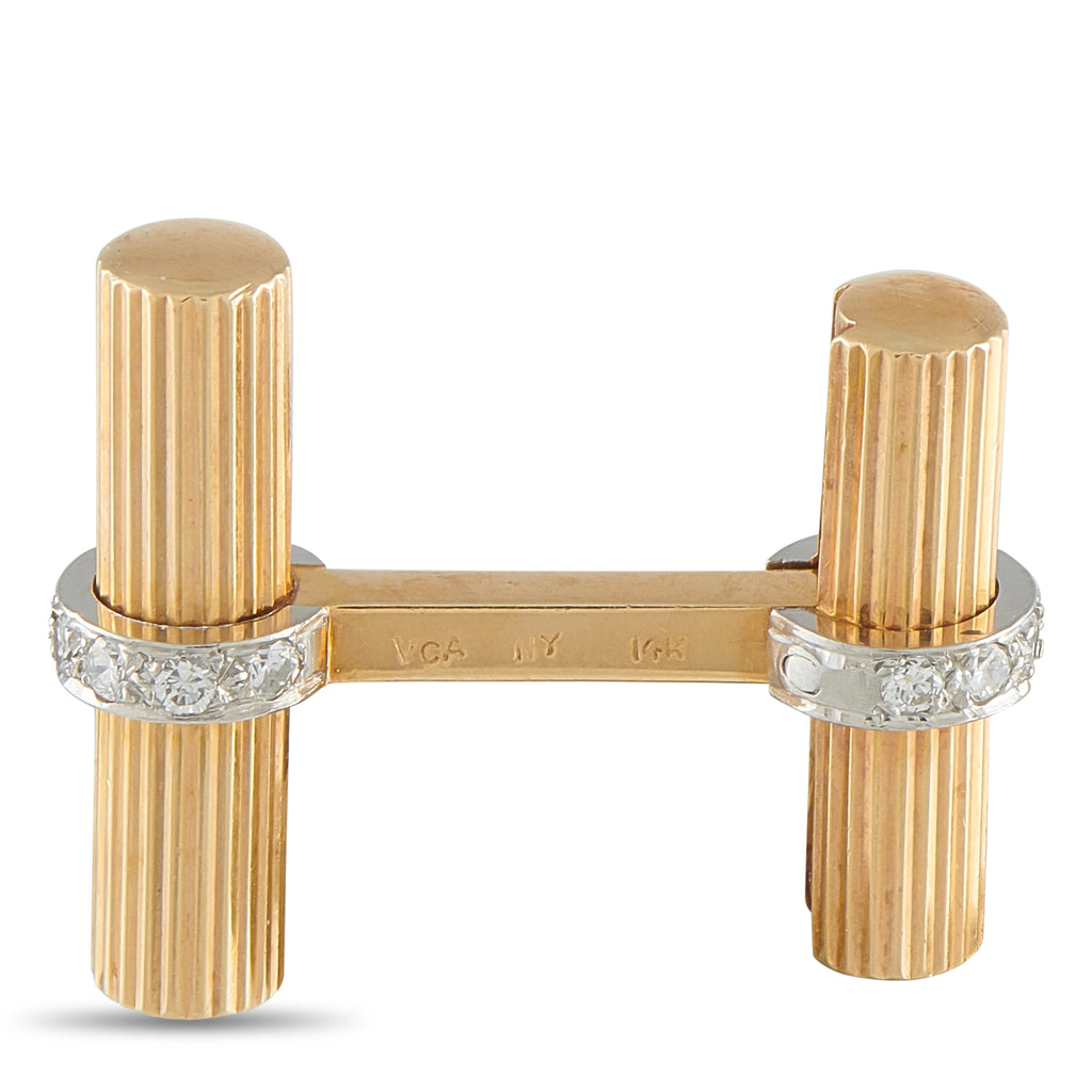 Yellow gold cufflinks with diamond bands and central engraved bar, front view