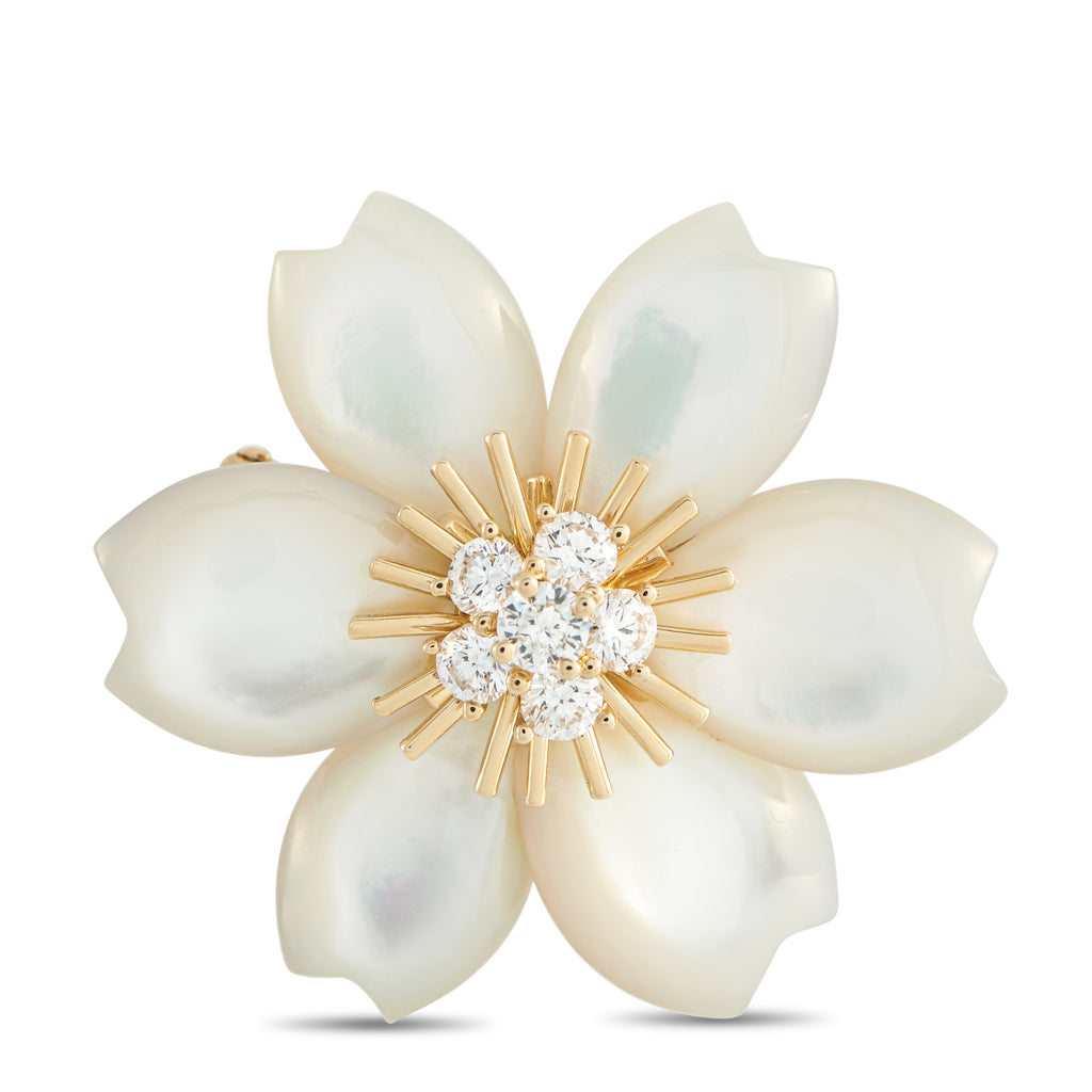 VAN CLEEF & ARPELS Van Cleef & Arpels Rose de Noël 18K Yellow Gold 0.48ct Diamond and Mother of Pearl Brooch