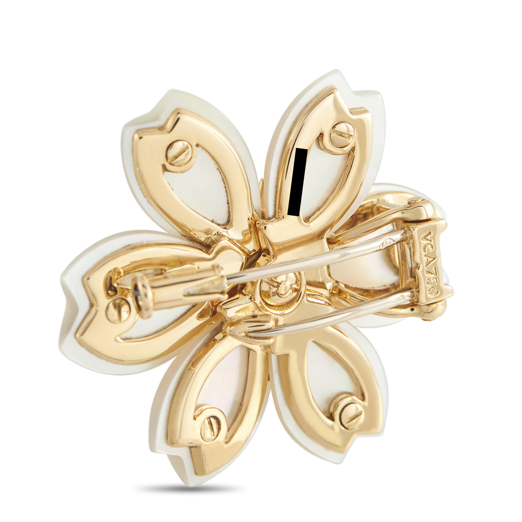 Van Cleef & Arpels Rose de Noël 18K Yellow Gold 0.48ct Diamond and Mother of Pearl Brooch