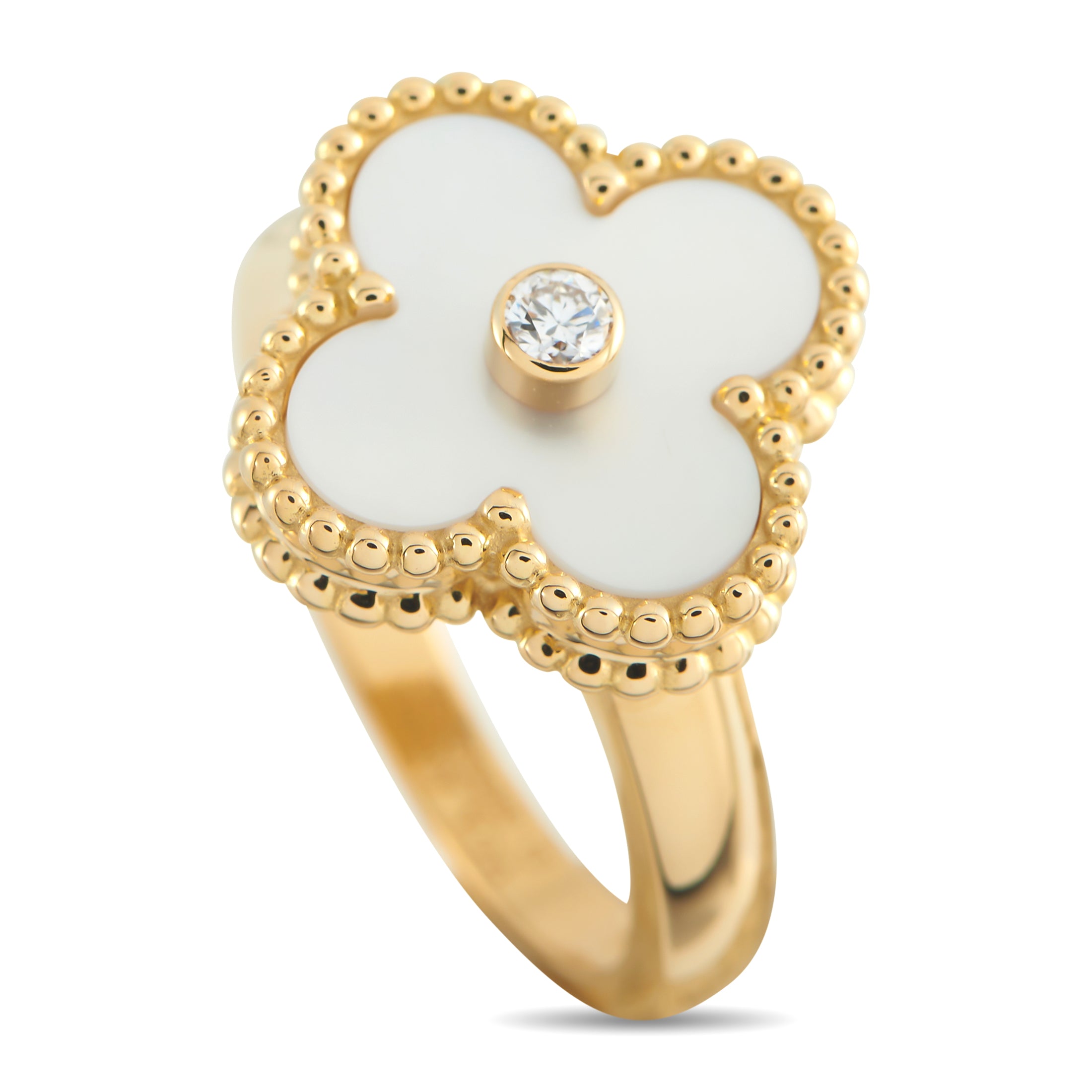 VAN CLEEF & ARPELS Van Cleef & Arpels Alhambra 18K Yellow Gold Diamond and Mother of Pearl Ring