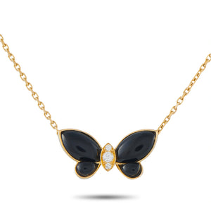Van Cleef & Arpels Vintage 18K Yellow Gold 0.05ct Diamond and Onyx Butterfly Pendant