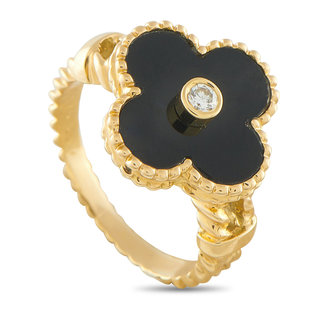 Van Cleef & Arpels Alhambra 18K Yellow Gold Diamond and Onyx Ring – This Alhambra piece possesses an undeniable nocturnal ele