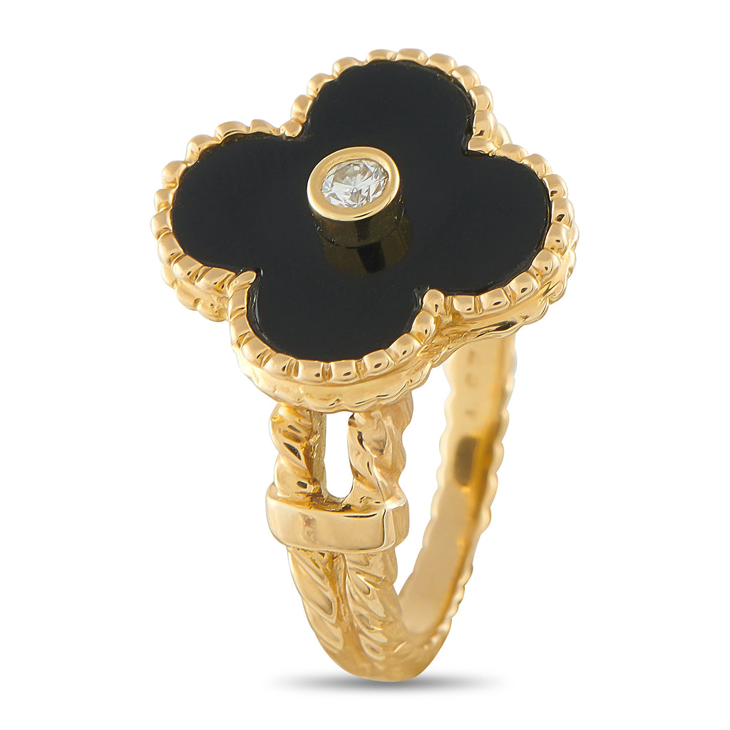 Van Cleef & Arpels Alhambra 18K Yellow Gold Diamond and Onyx Ring
