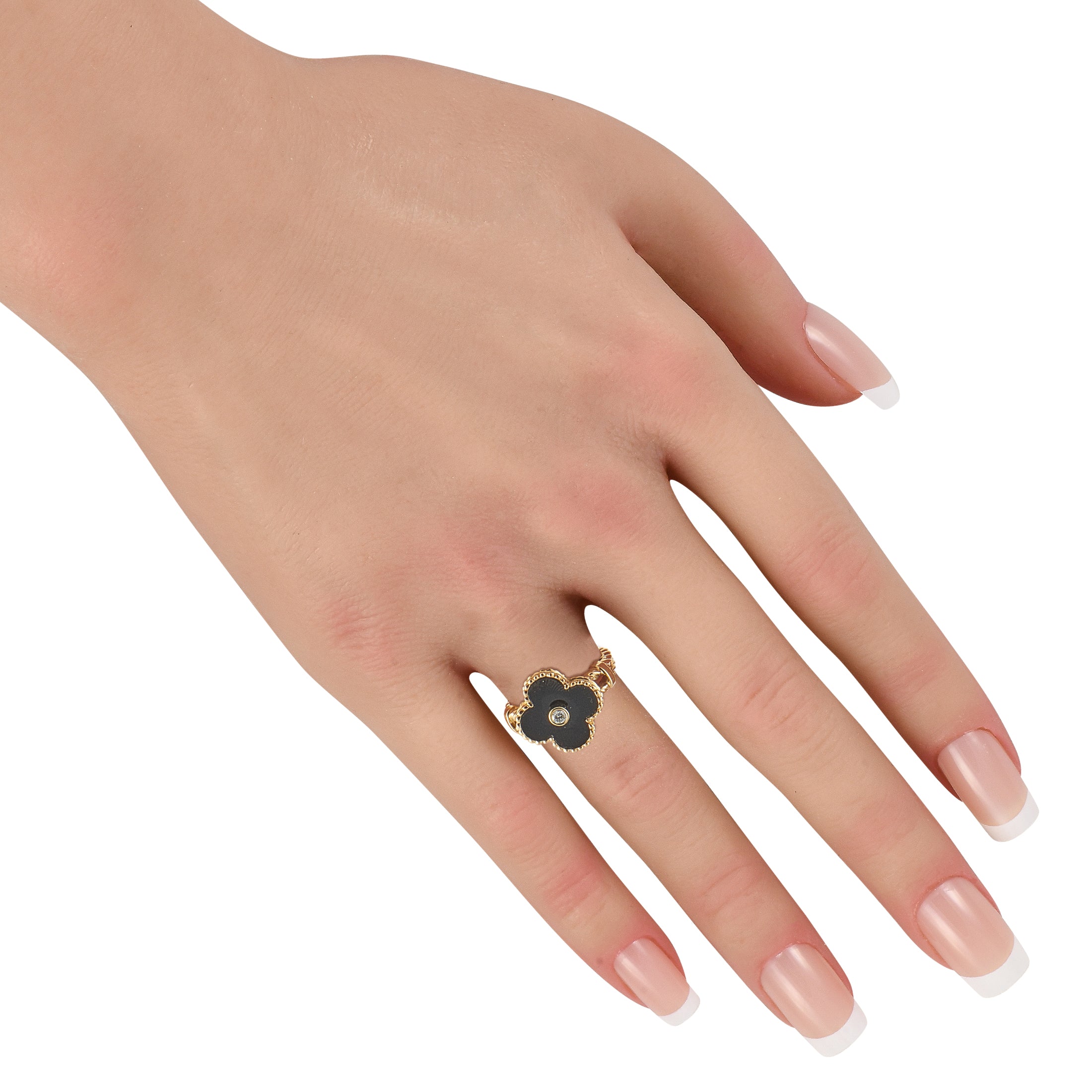 Van Cleef & Arpels Alhambra 18K Yellow Gold Diamond and Onyx Ring