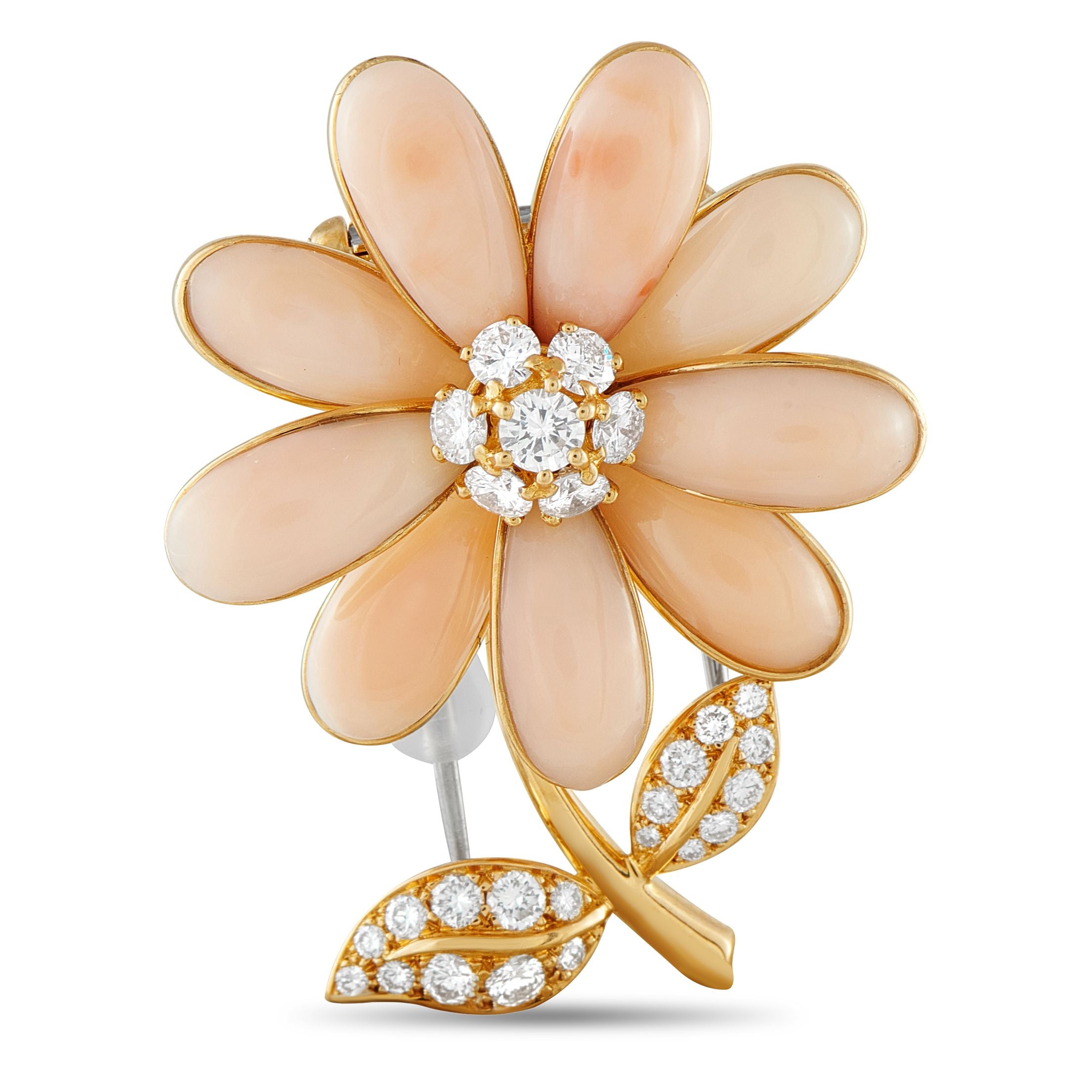 Van Cleef & ArpelsVan Cleef & Arpels 18K Yellow Gold Diamond and Pink Coral Flower Brooch — This elegant Van Cleef & Arpels f