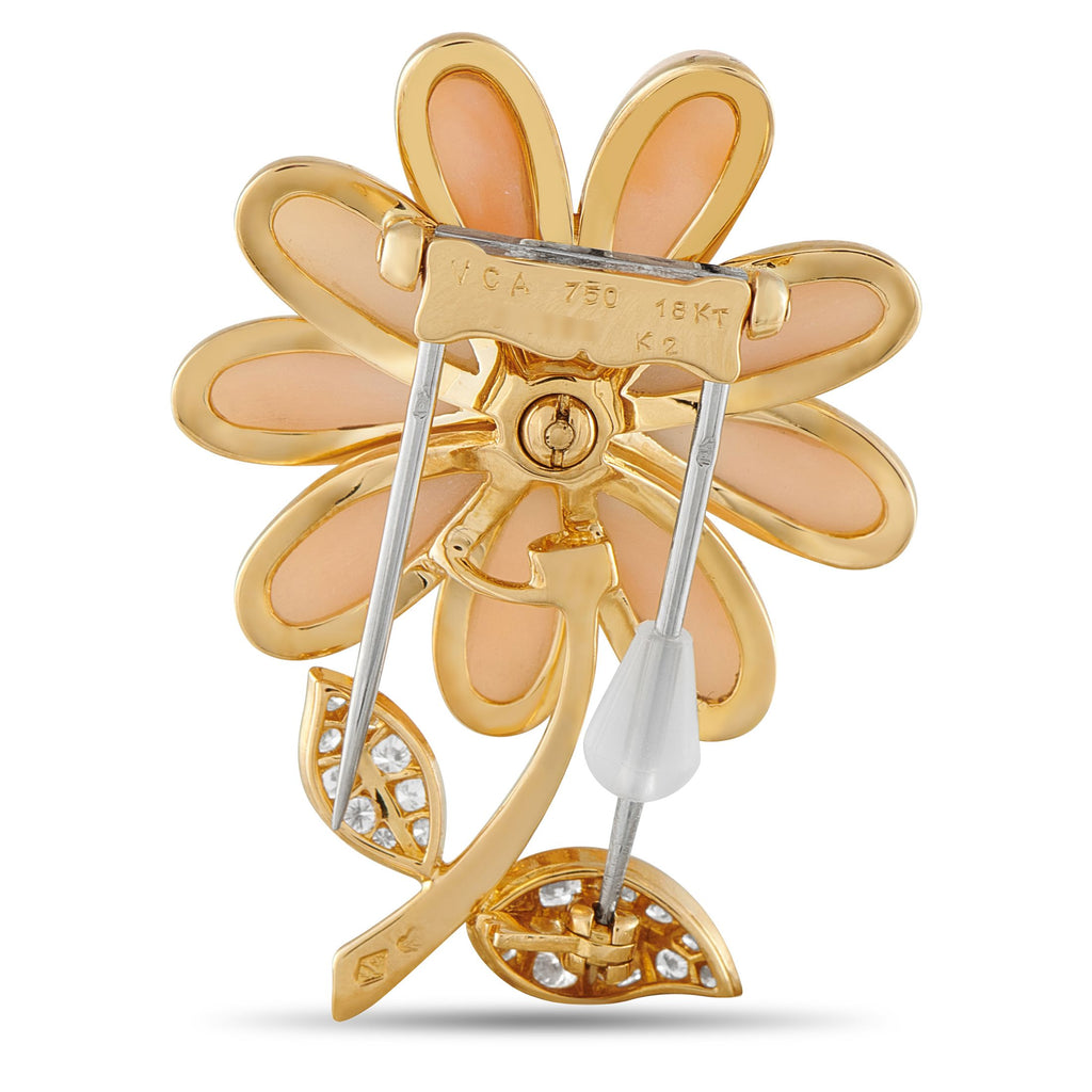 Van Cleef & ArpelsVan Cleef & Arpels 18K Yellow Gold Diamond and Pink Coral Flower Brooch
