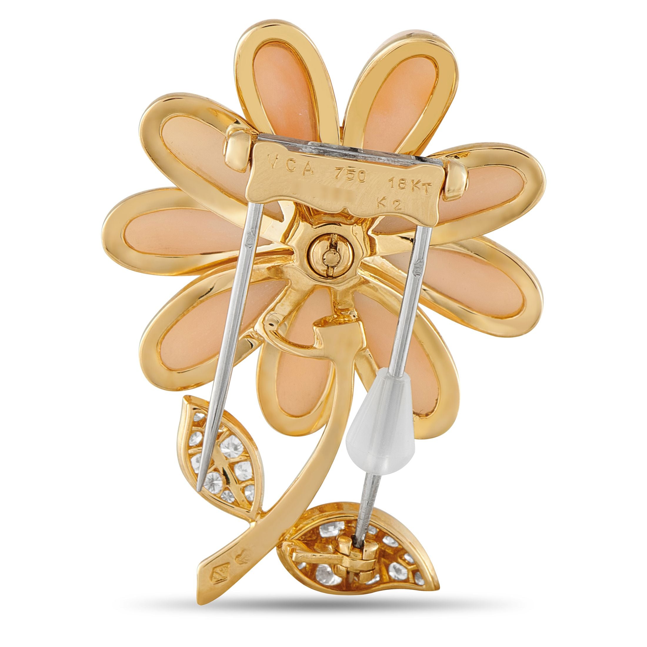 Van Cleef & ArpelsVan Cleef & Arpels 18K Yellow Gold Diamond and Pink Coral Flower Brooch