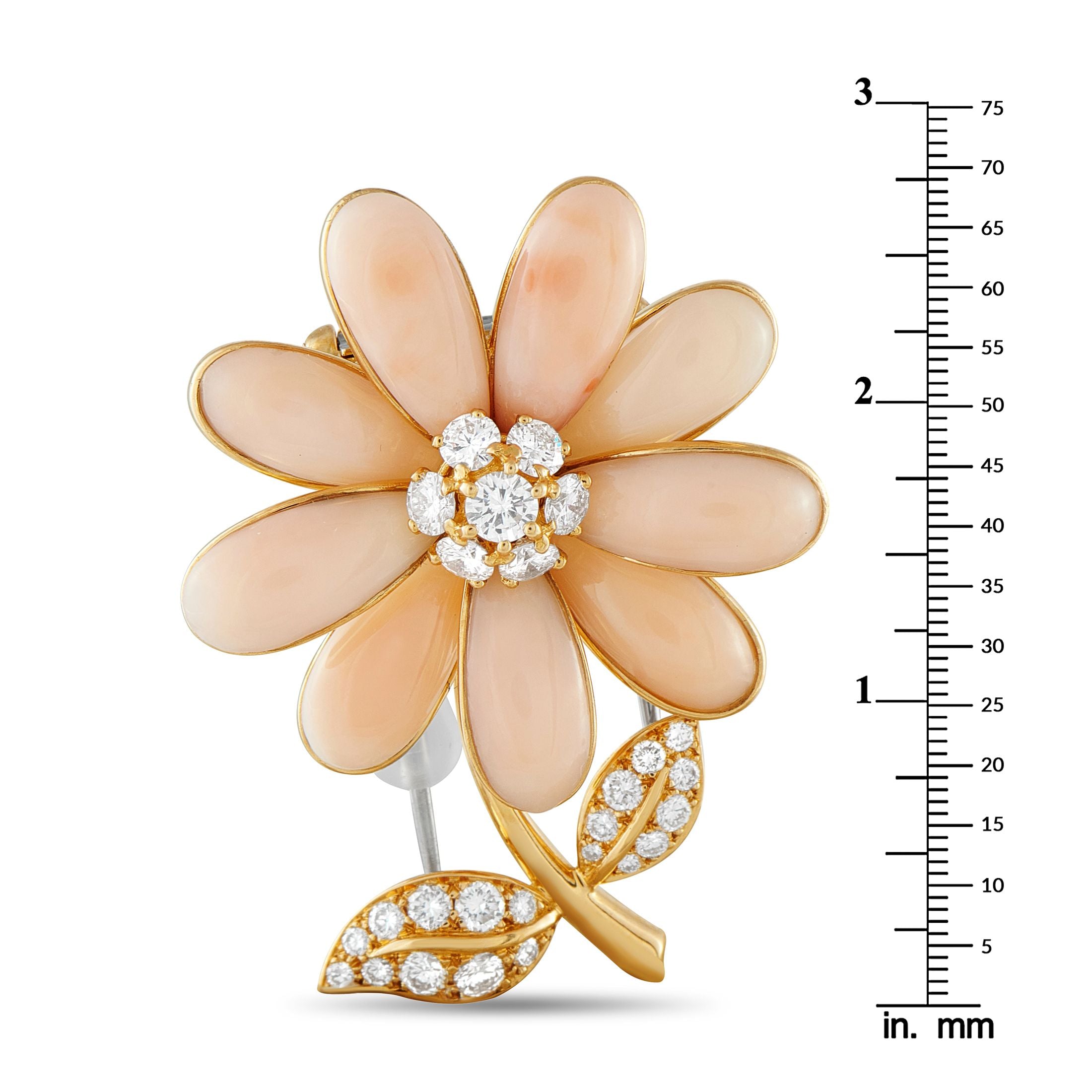 Van Cleef & ArpelsVan Cleef & Arpels 18K Yellow Gold Diamond and Pink Coral Flower Brooch