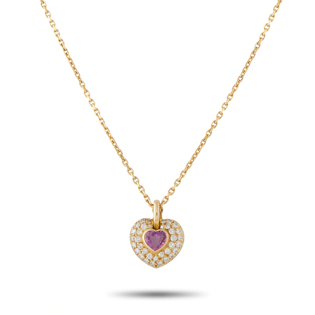 18K yellow gold heart pendant necklace with pink sapphire center and diamond halo