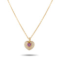 18K yellow gold heart pendant necklace with pink sapphire center and diamond halo
