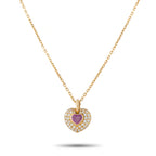 18K yellow gold heart pendant necklace with pink sapphire center and diamond halo