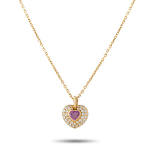 Van Cleef & Arpels 18K Yellow Gold 1.24ct Diamond and Pink Sapphire Heart Pendant