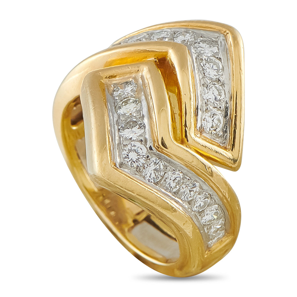 Yellow gold diamond ring with square geometric setting and pave diamonds, front view