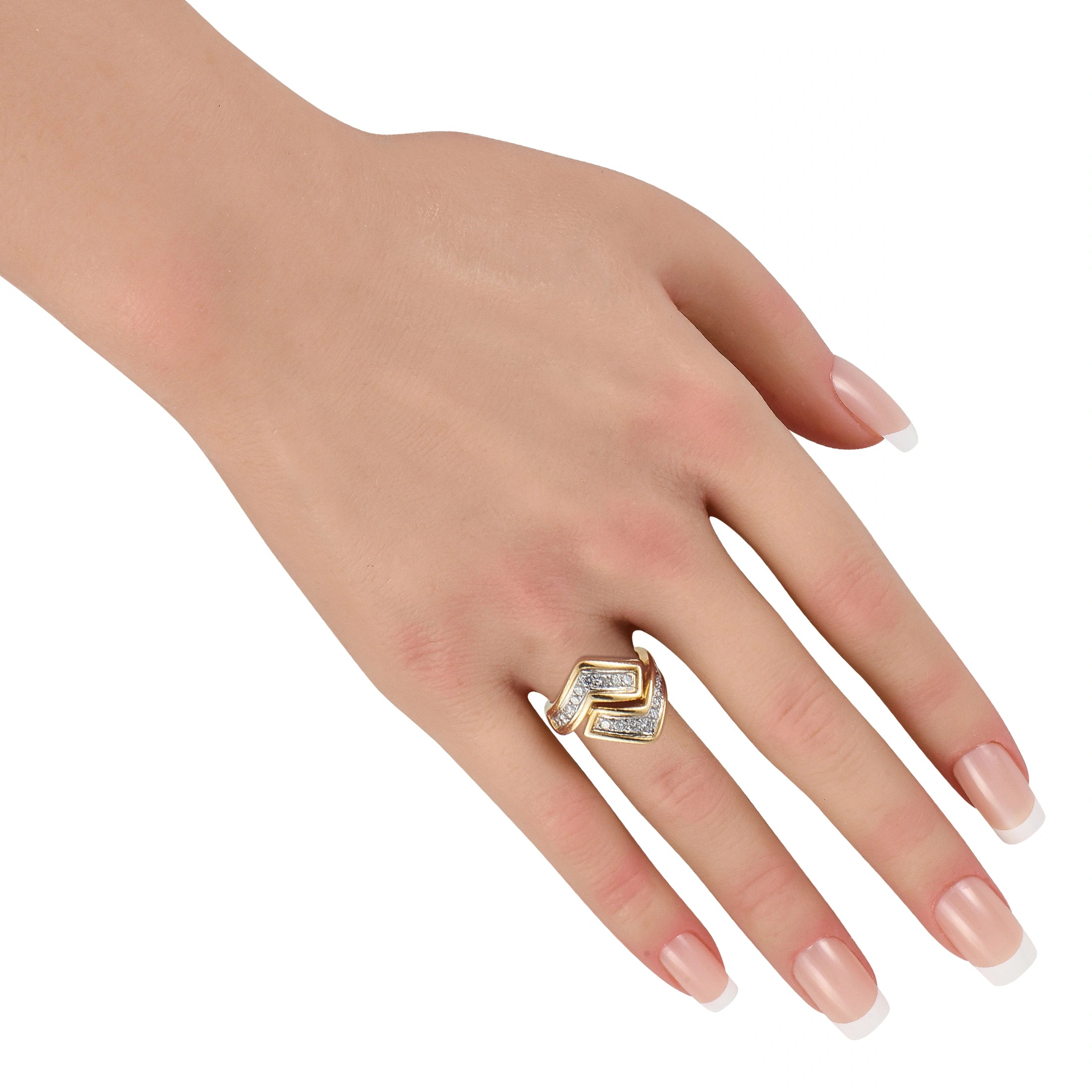 Yellow gold diamond ring on hand with square motif and channel-set stones