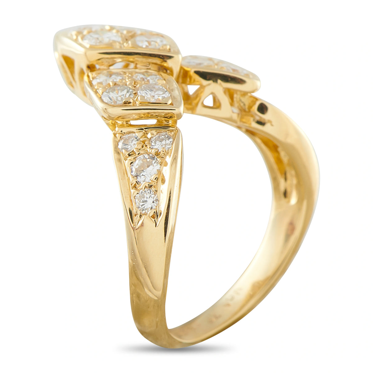 18K yellow gold ring with marquise and rectangular diamond accents, openwork