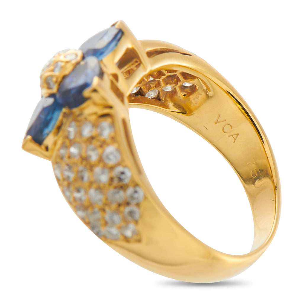 Van Cleef & Arpels 18K Yellow Gold 0.50ct Diamond and Sapphire Flower Ring
