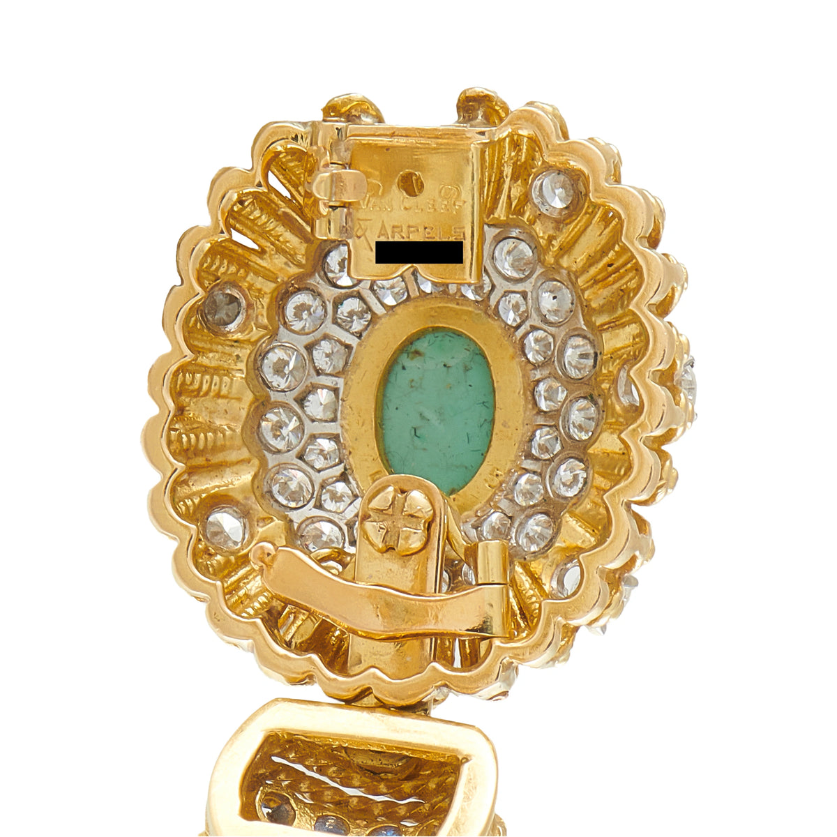 Gold clasp and setting with turquoise center and diamond halo