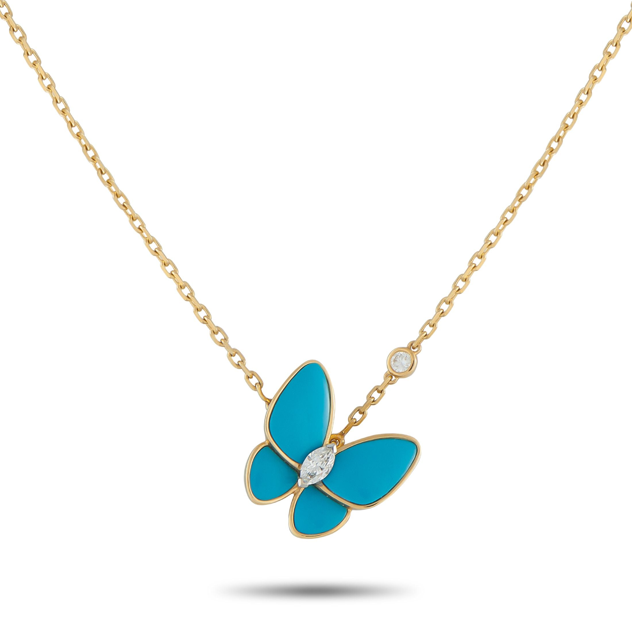 Van Cleef & ArpelsVan Cleef & Arpels 18K Yellow Gold Diamond and Turquoise Butterfly Necklace #4914 – This Van Cleef & Arpels
