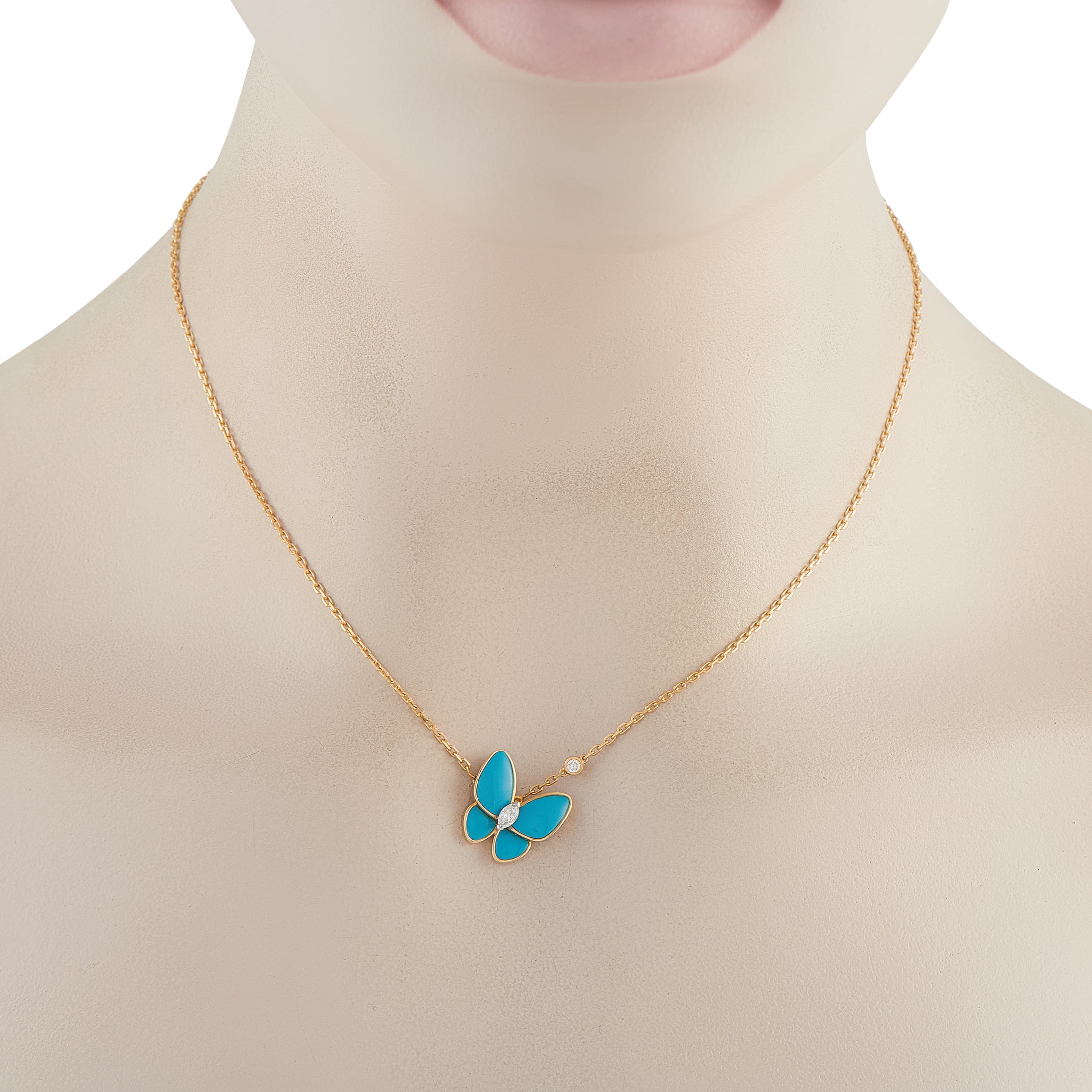 Van Cleef & Arpels 18K Yellow Gold Diamond and Turquoise Butterfly Necklace