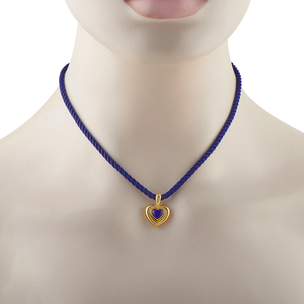 Heart pendant necklace on blue cord, gold frame with lapis blue gemstone