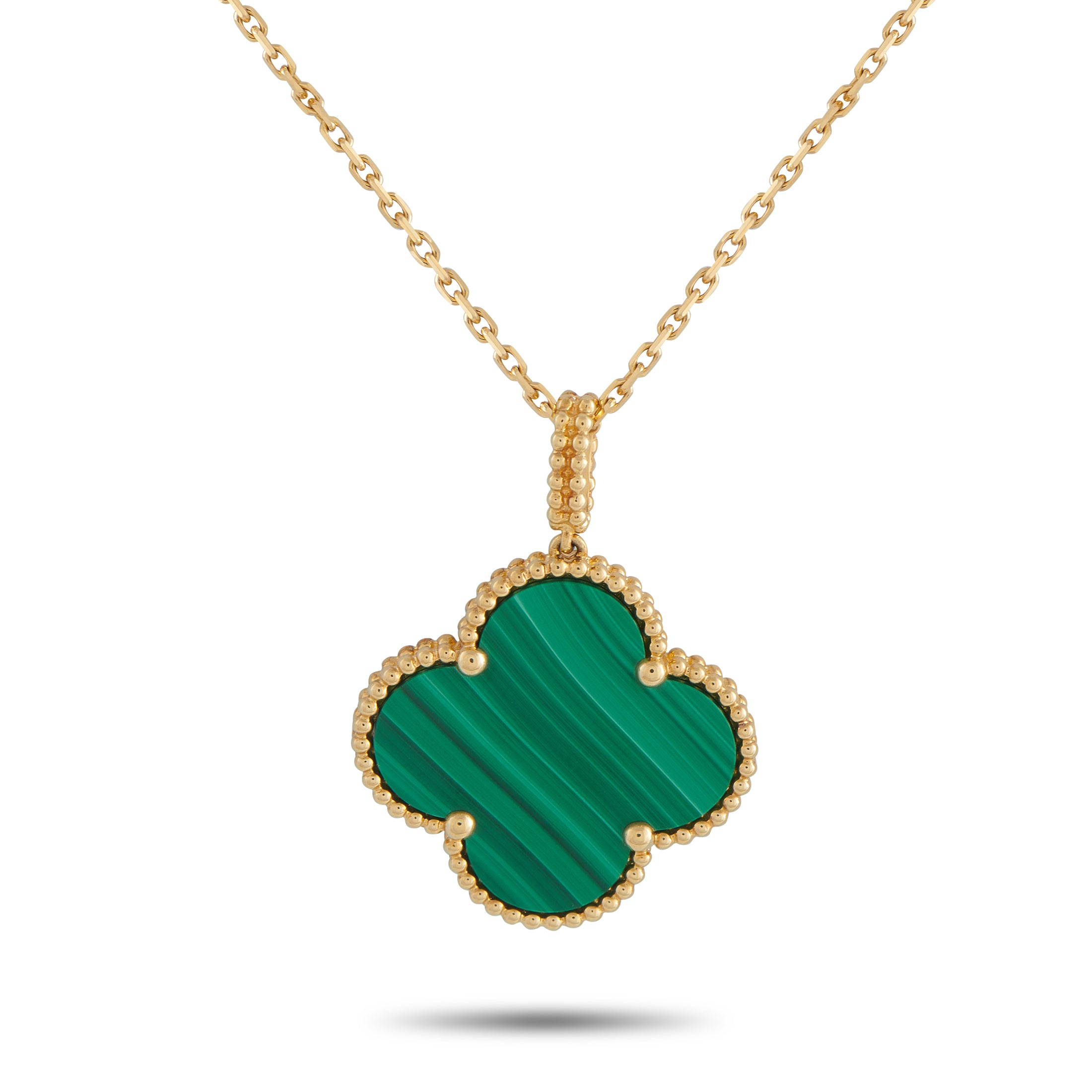 Van Cleef & Arpels Magic Alhambra 18K Yellow Gold Malachite Necklace – A vibrant green Malachite stone makes this Van Cleef &