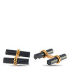 Cufflinks with dark onyx cylinder bars and linked 18K yellow gold centerpiece