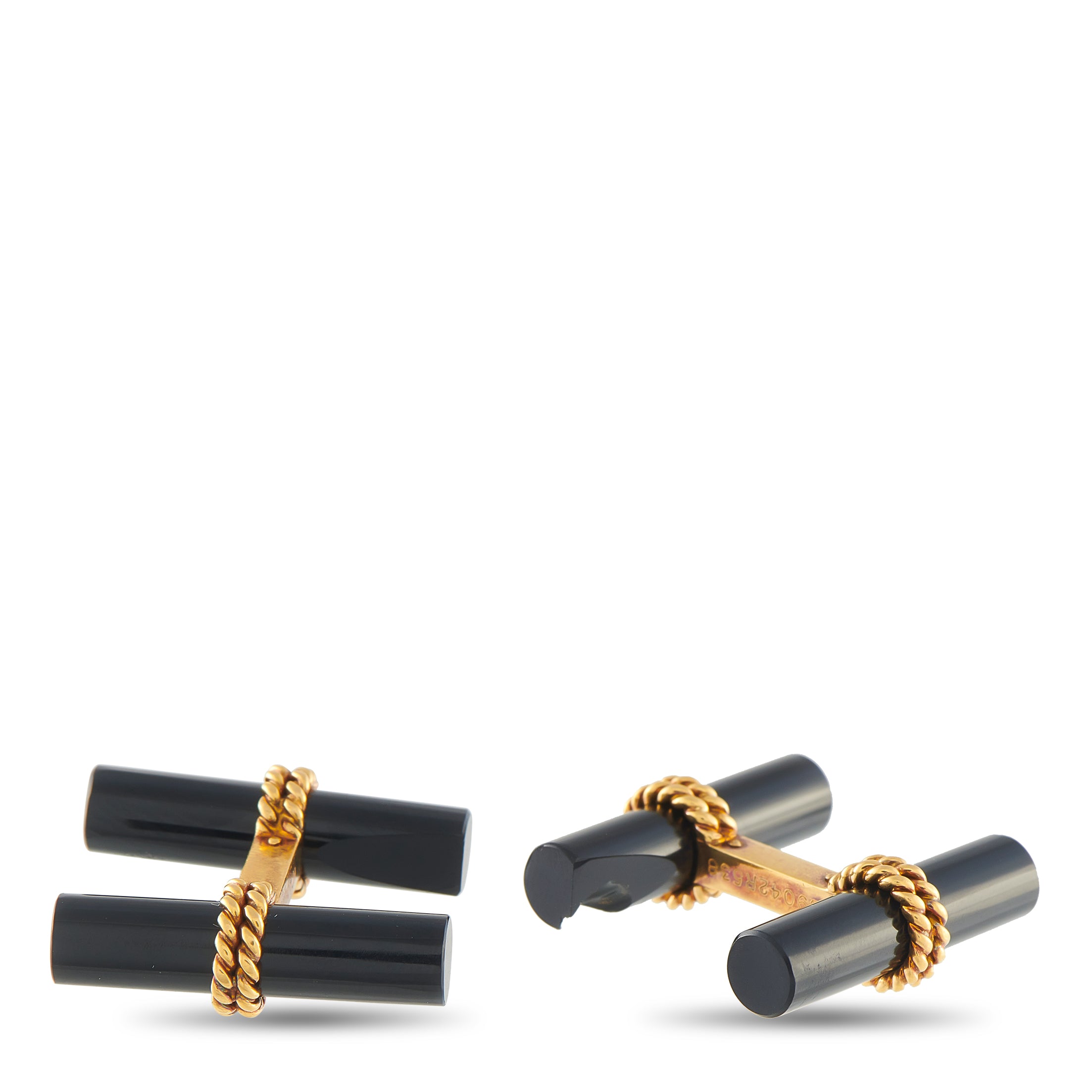 Cufflinks with dark onyx cylinder bars and linked 18K yellow gold centerpiece