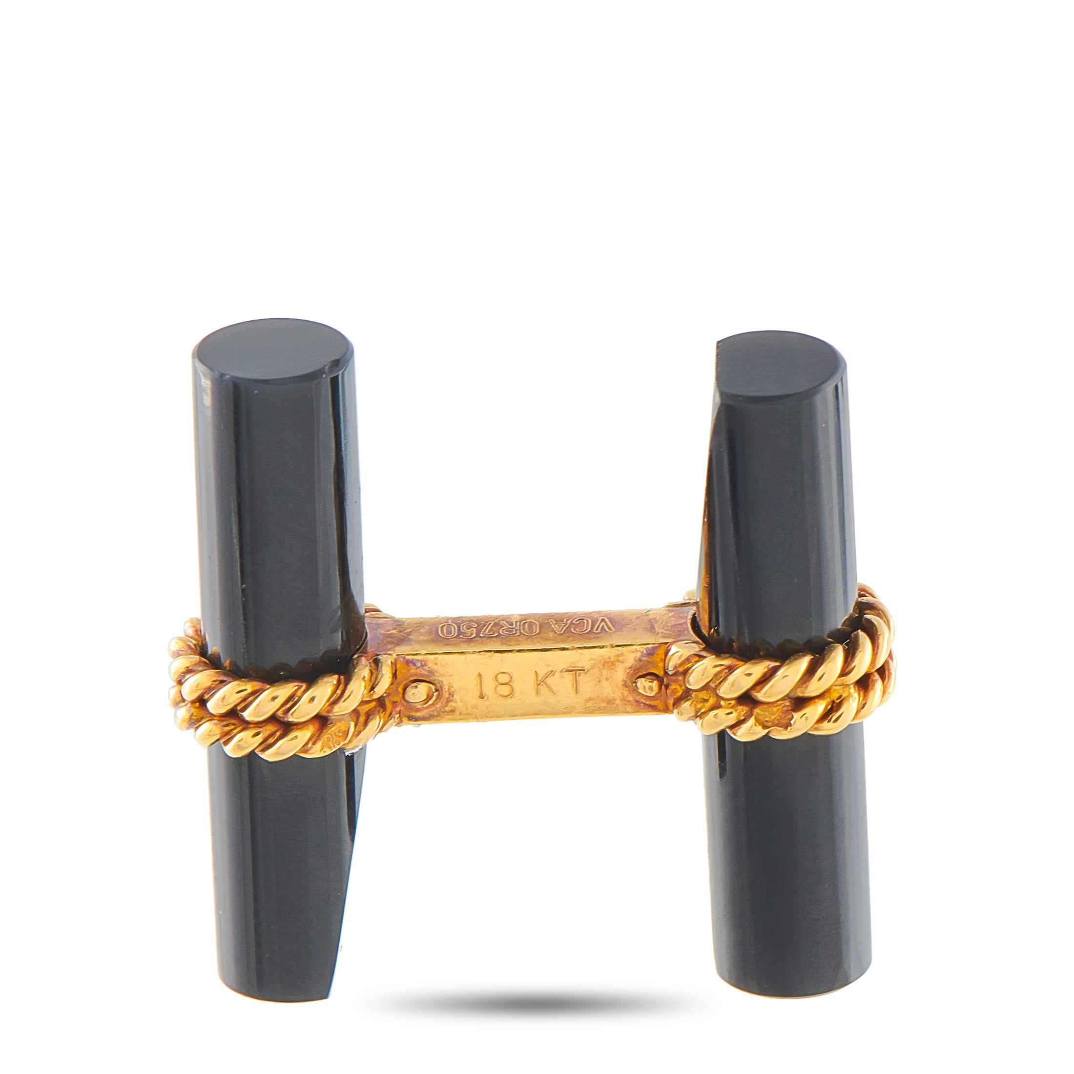 Cufflinks with dark onyx cylinders and gold bar engraved 18K