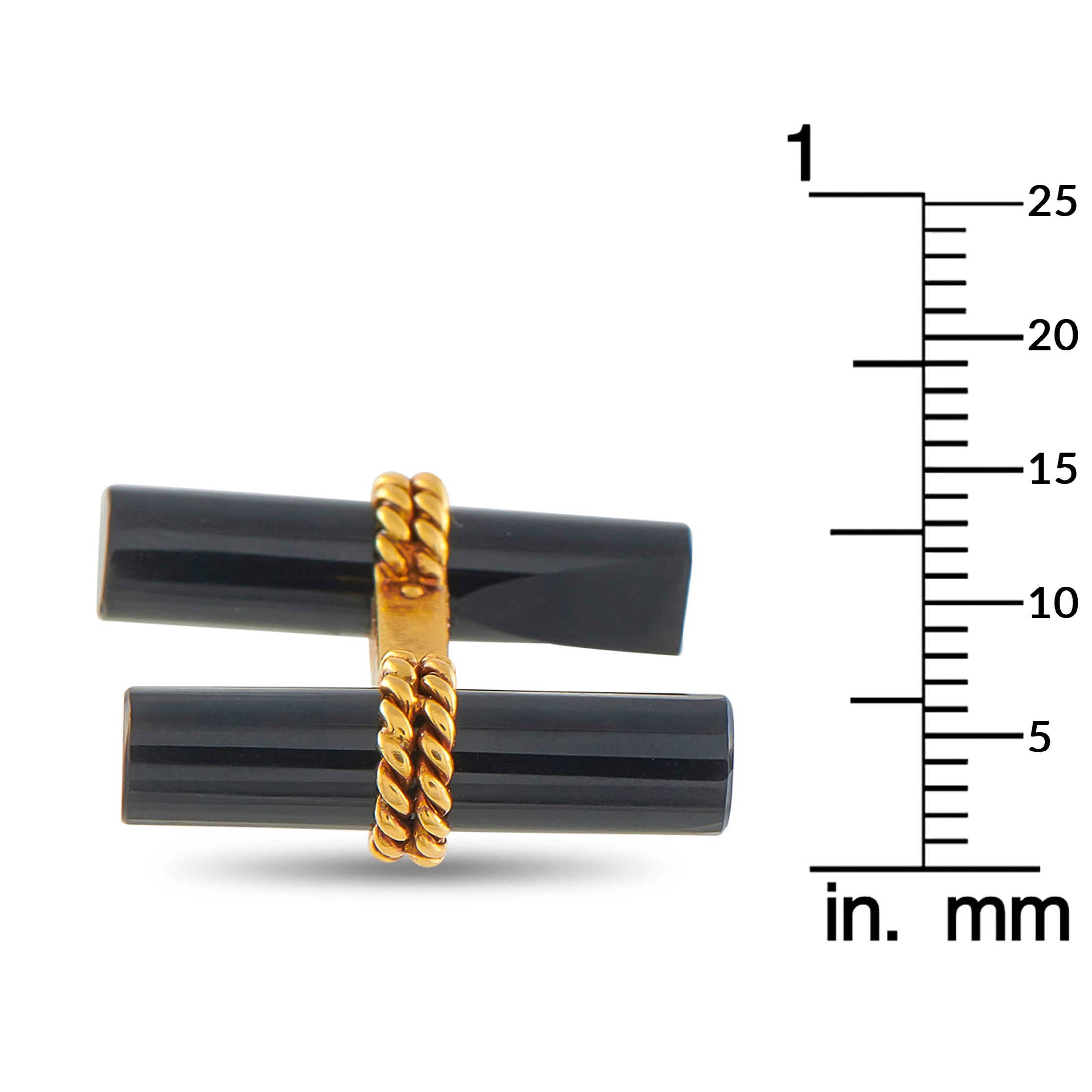 Cufflinks with dark onyx bars and 18K yellow gold chain links, size scale