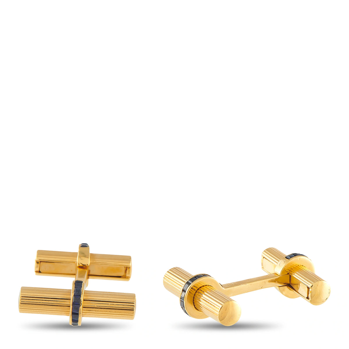 18K yellow gold bar cufflinks with dark blue sapphire insets