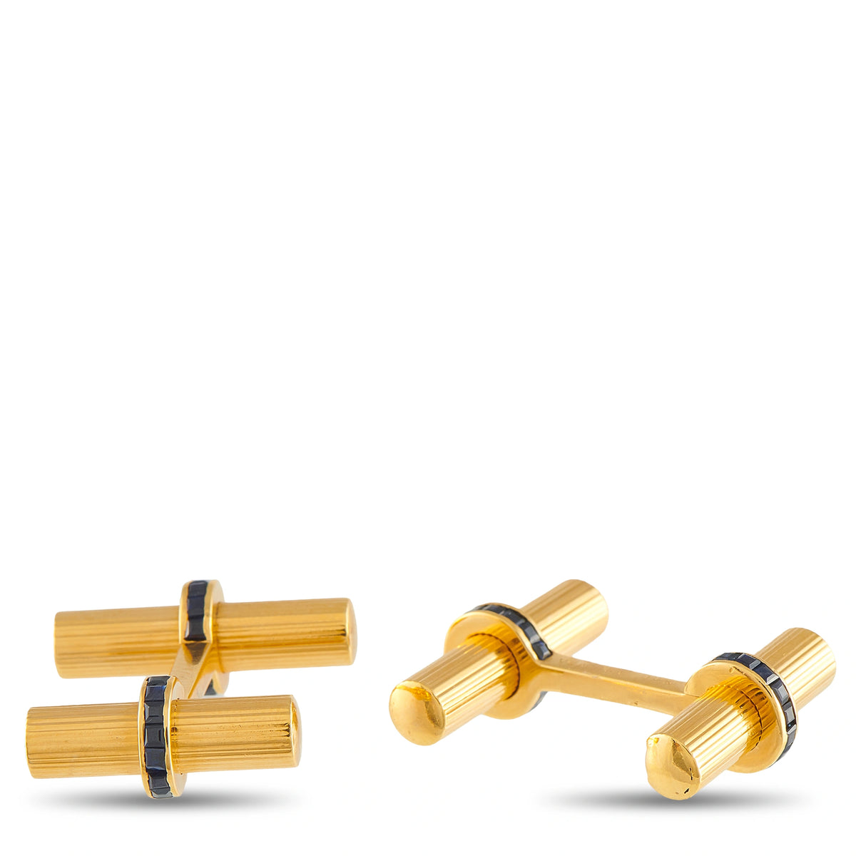 18K yellow gold cufflinks with ribbed cylinders and dark blue sapphire details