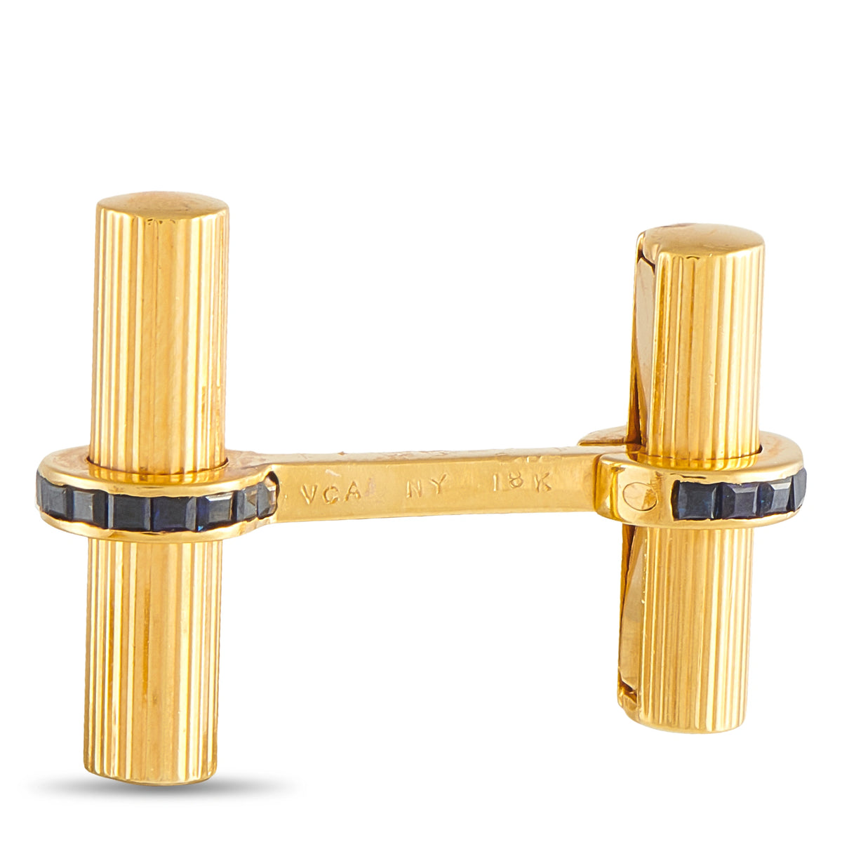 18K yellow gold cufflinks showing marked back with sapphire blue side inserts