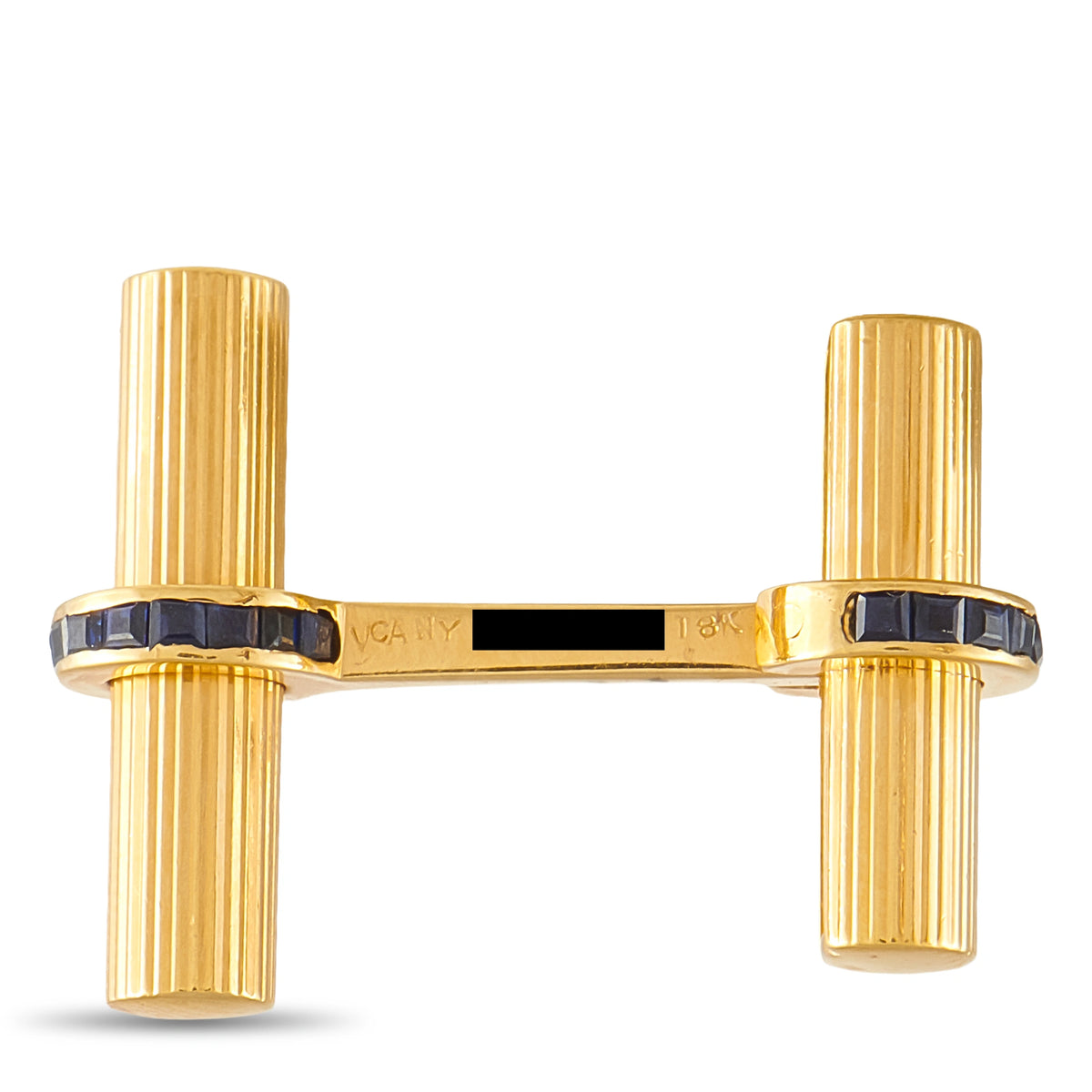 18K yellow gold cufflinks with dark blue enamel strip and ribbed cylindrical posts
