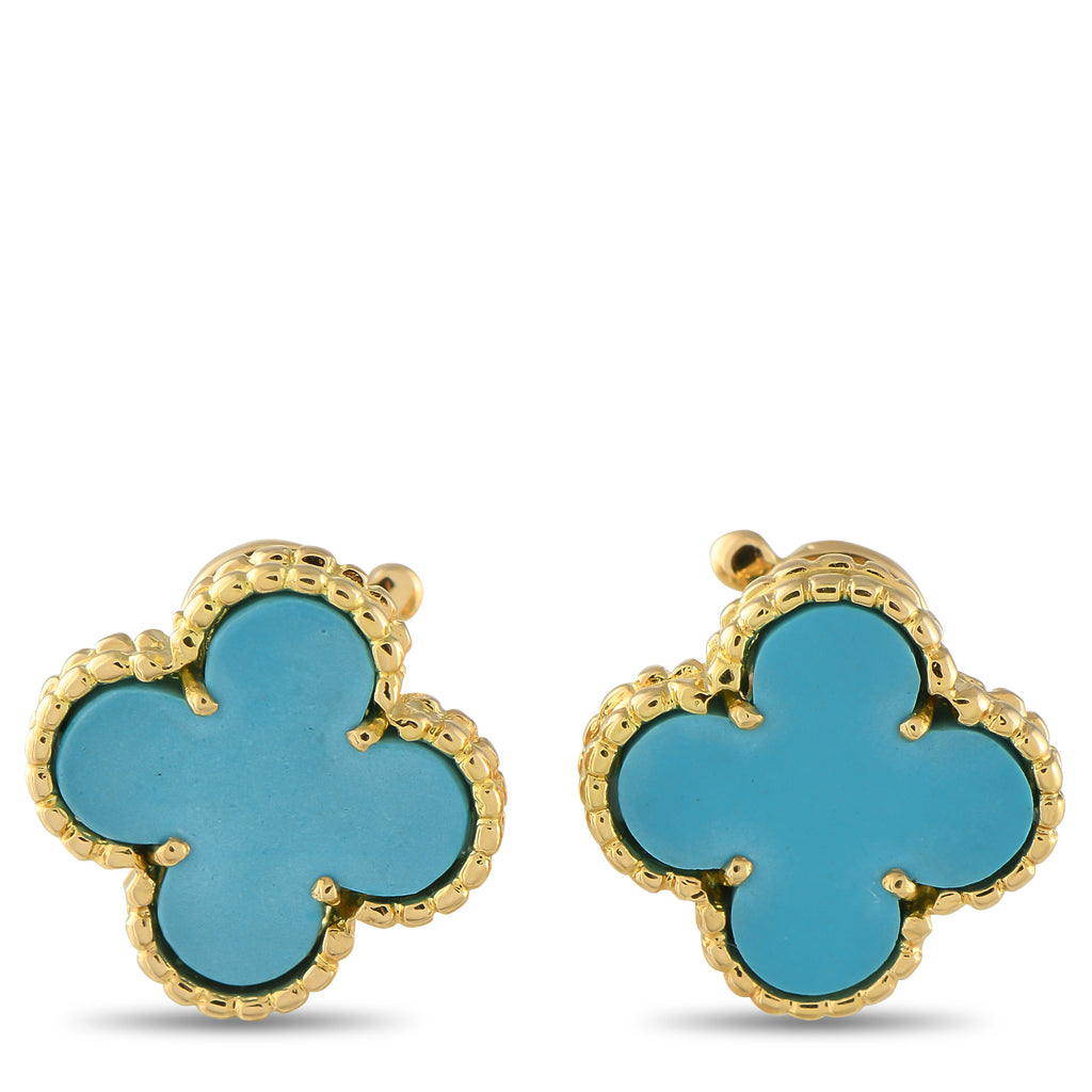 Van Cleef & Arpels Alhambra 18K Yellow Gold Turquoise Earrings – These Van Cleef & Arpels’ Alhambra earrings command attentio