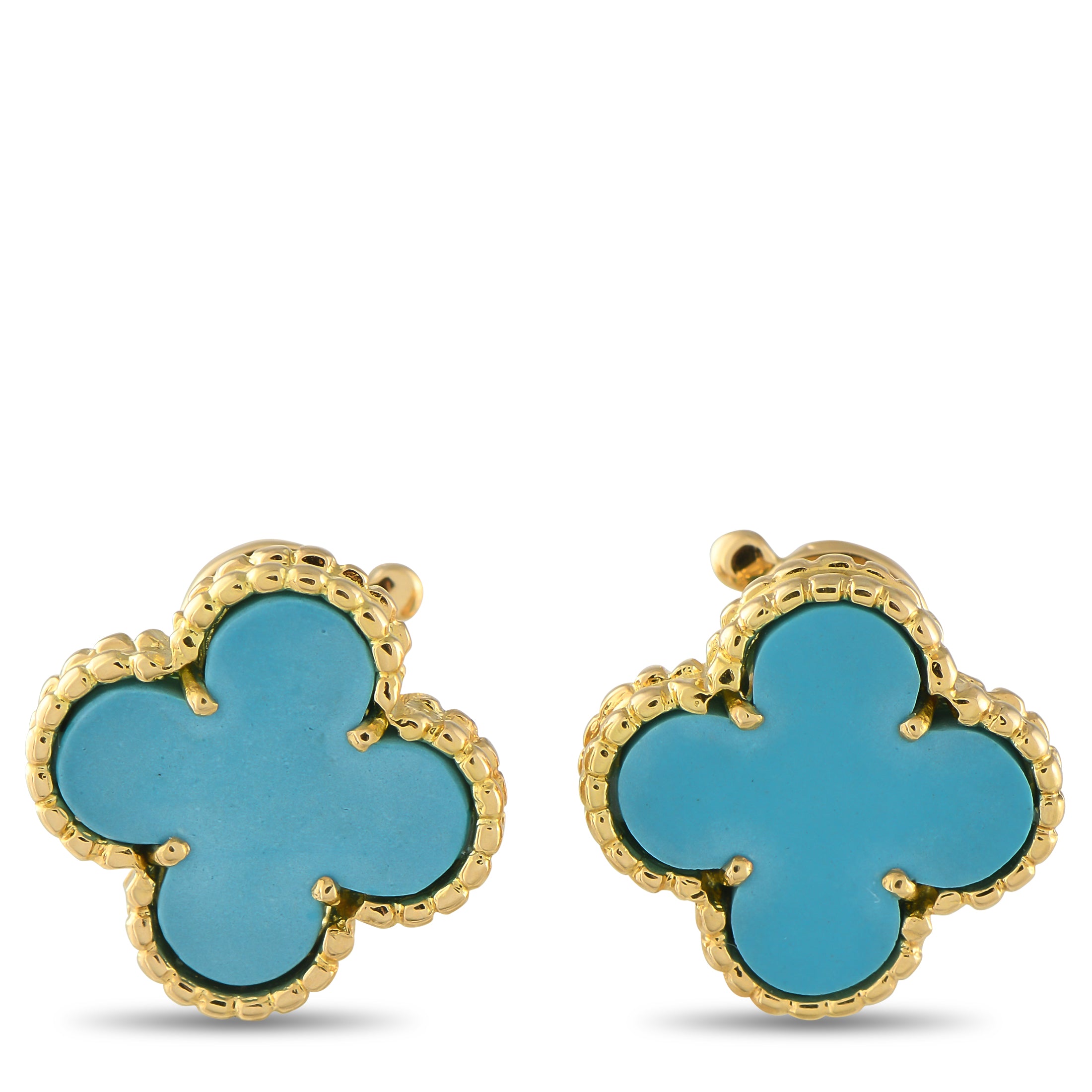 Van Cleef & Arpels Alhambra 18K Yellow Gold Turquoise Earrings – These Van Cleef & Arpels’ Alhambra earrings command attentio