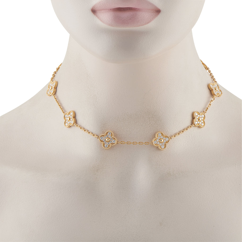 Van Cleef & Arpels Alhambra 18K Yellow Gold 4.83ct Diamond 10-Motif Necklace