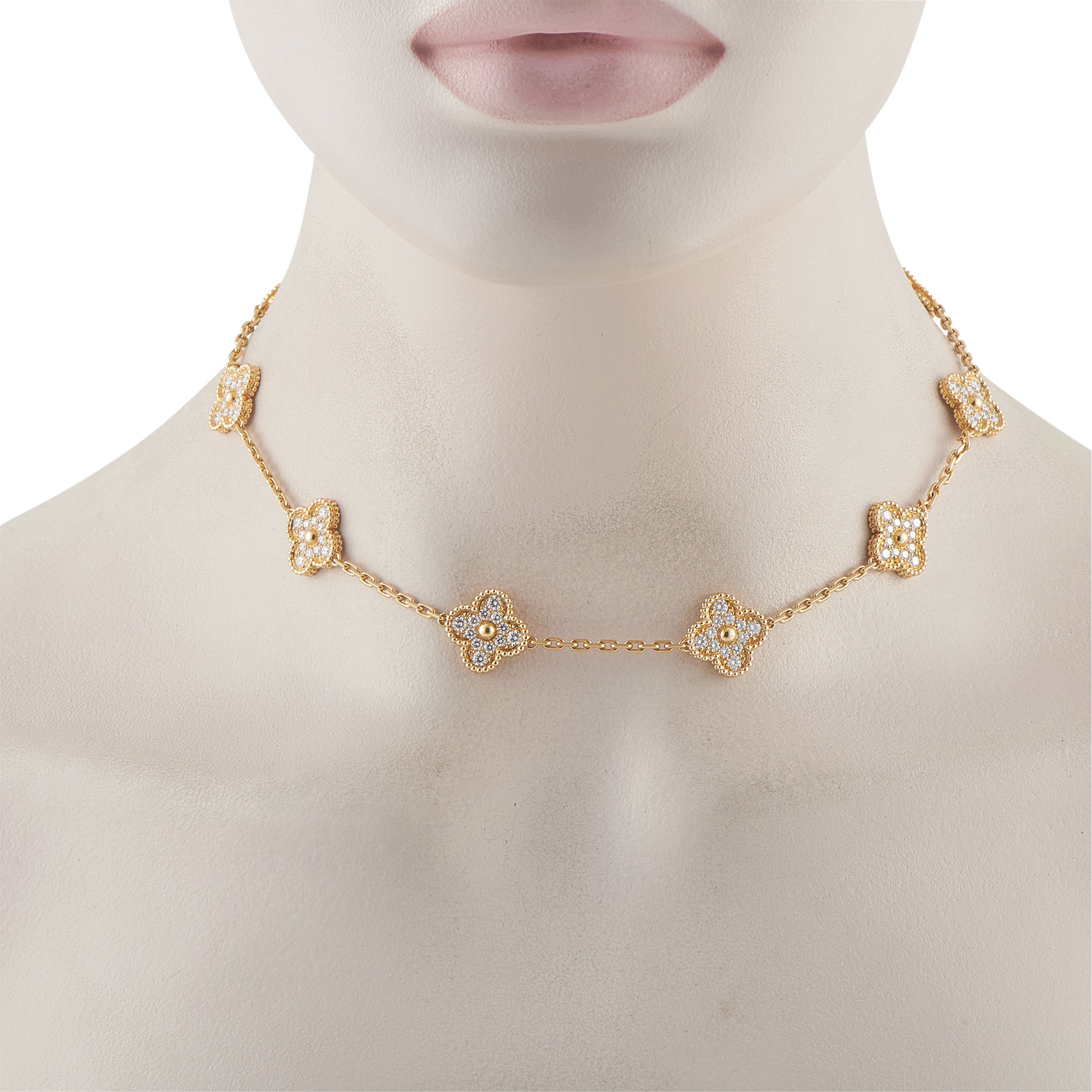 Van Cleef & Arpels Alhambra 18K Yellow Gold 4.83ct Diamond 10-Motif Necklace
