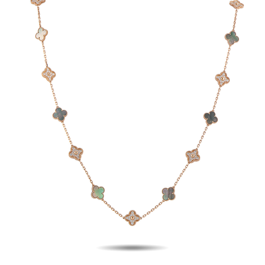 Van Cleef & Arpels Alhambra 18K Rose Gold 4.83ct Diamond and Mother of Pearl 20-Motif Necklace