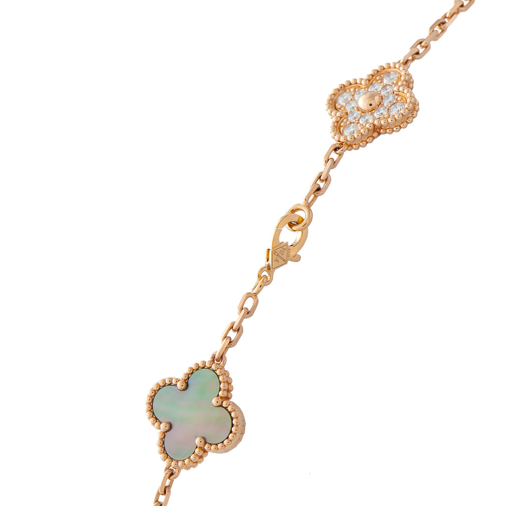 Van Cleef & Arpels Alhambra 18K Rose Gold 4.83ct Diamond and Mother of Pearl 20-Motif Necklace