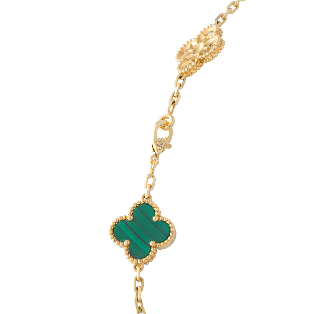 Van Cleef & Arpels Alhambra 18K Yellow Gold 2.41ct Diamond and Malachite 10-Motif Necklace
