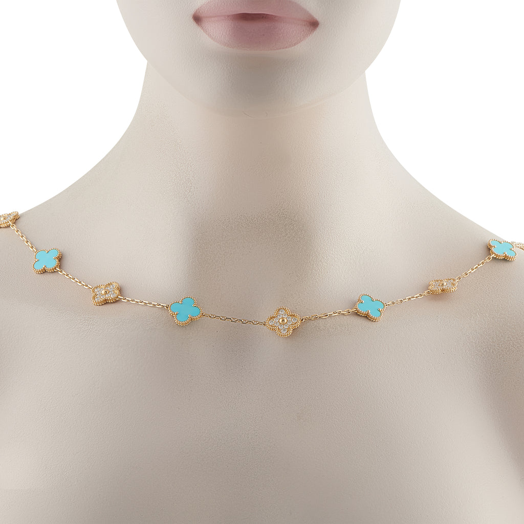 Van Cleef & Arpels Alhambra 18K Yellow Gold 4.83ct Diamond and Turquoise Necklace