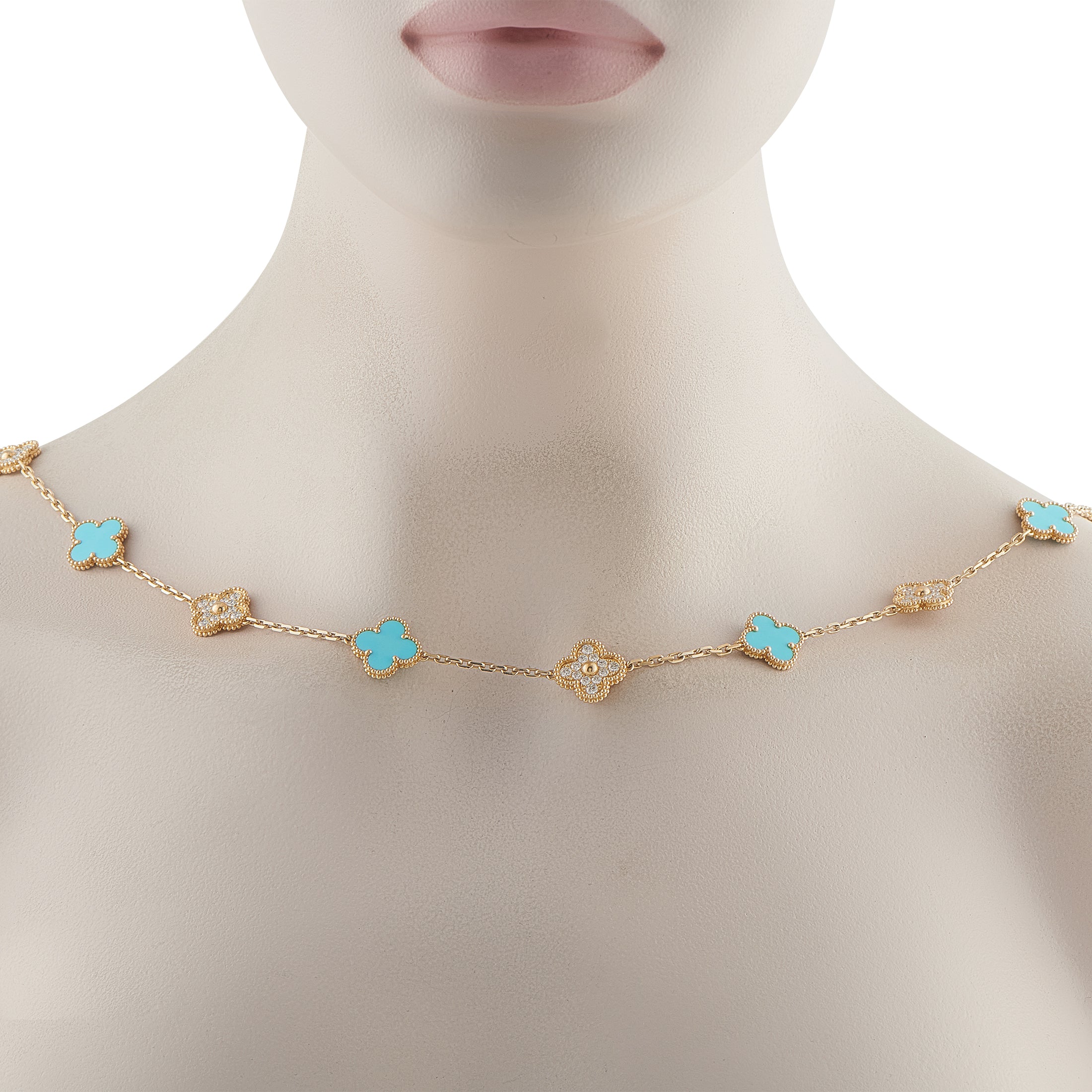 Van Cleef & Arpels Alhambra 18K Yellow Gold 4.83ct Diamond and Turquoise Necklace