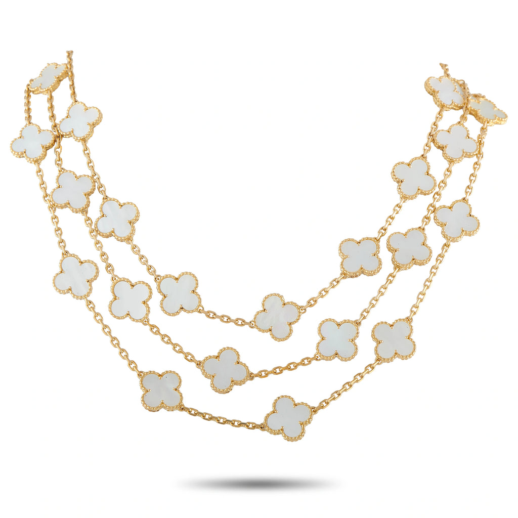 18K yellow gold clover necklace with mother-of-pearl motifs and chain links