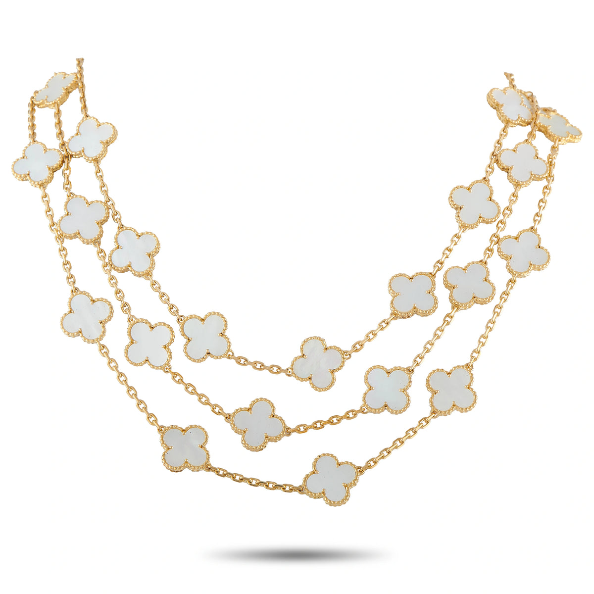 18K yellow gold clover necklace with mother-of-pearl motifs and chain links