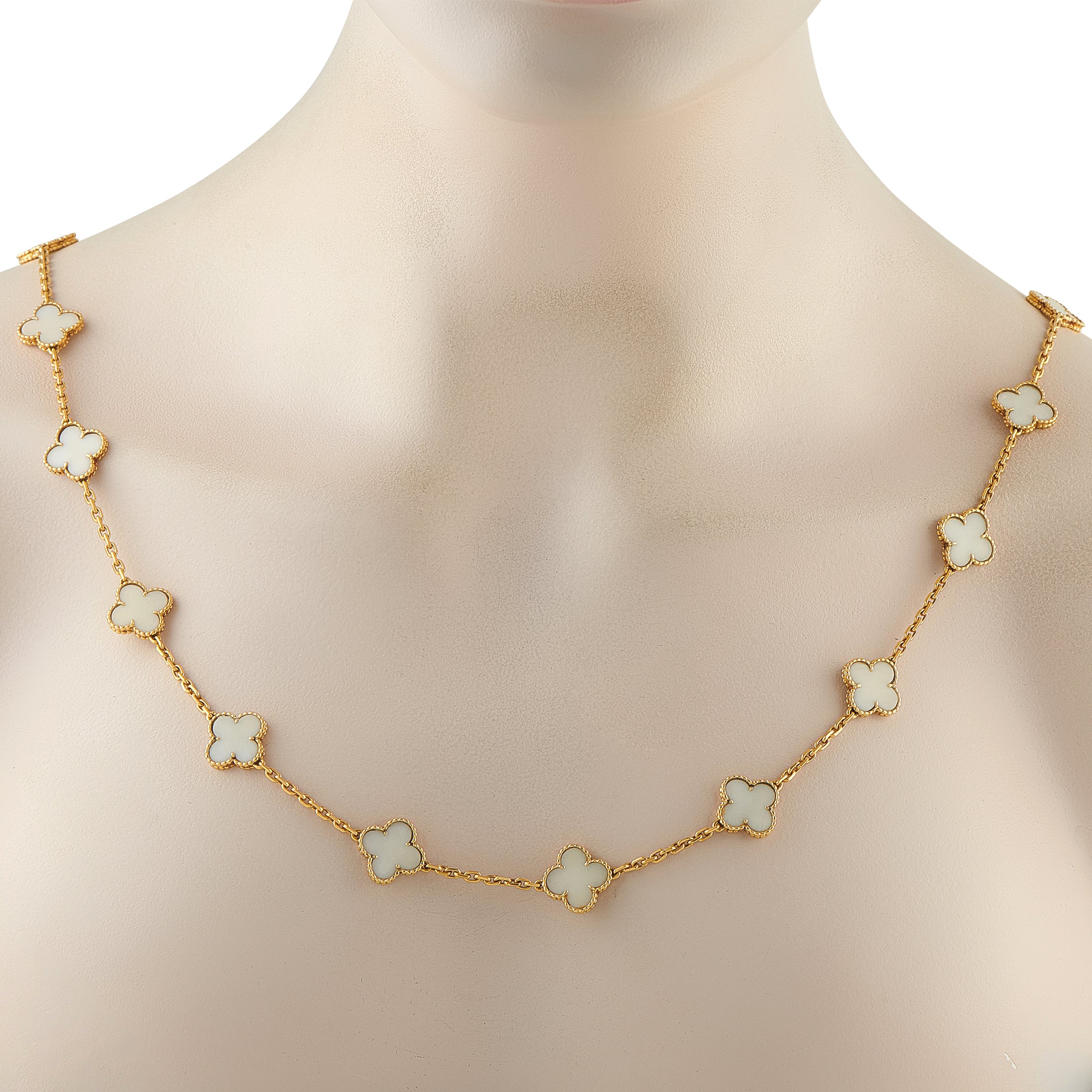 Van Cleef & Arpels Vintage Alhambra 18K Yellow Gold White Coral 20-Motif Necklace