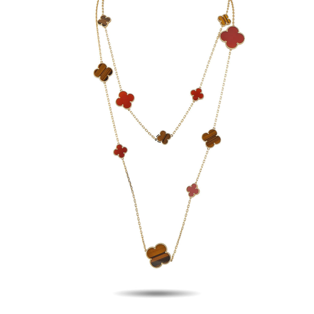 Van Cleef & Arpels Alhambra 18K Yellow Gold Carnelian and Tiger’s Eye 16-Motif Necklace - This Van Cleef & Arpels Alhambra necklace is a luxury piece that will continually captivate. Set in 18K Yellow Gold, 16 of th