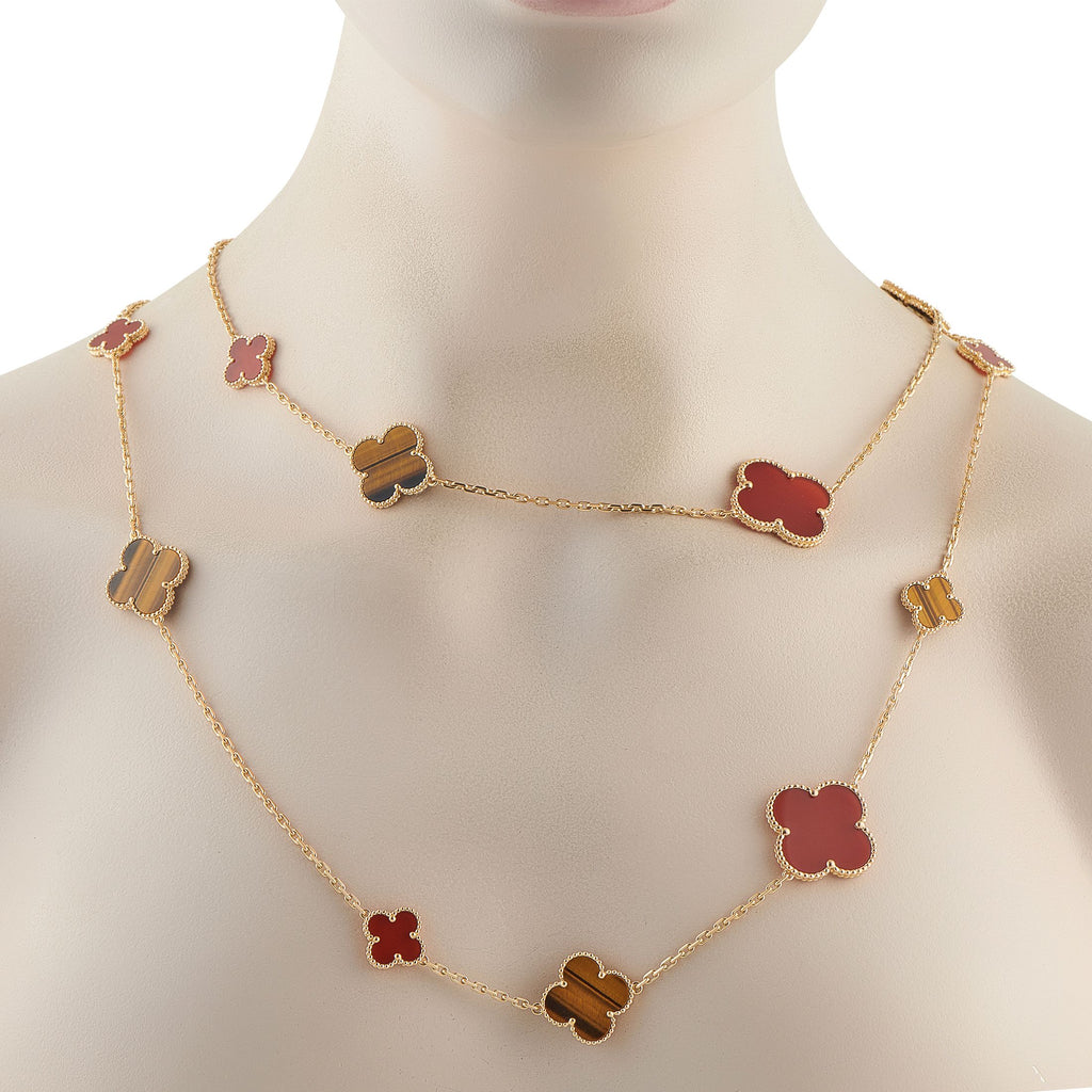 Van Cleef & Arpels Alhambra 18K Yellow Gold Carnelian and Tiger’s Eye 16-Motif Necklace